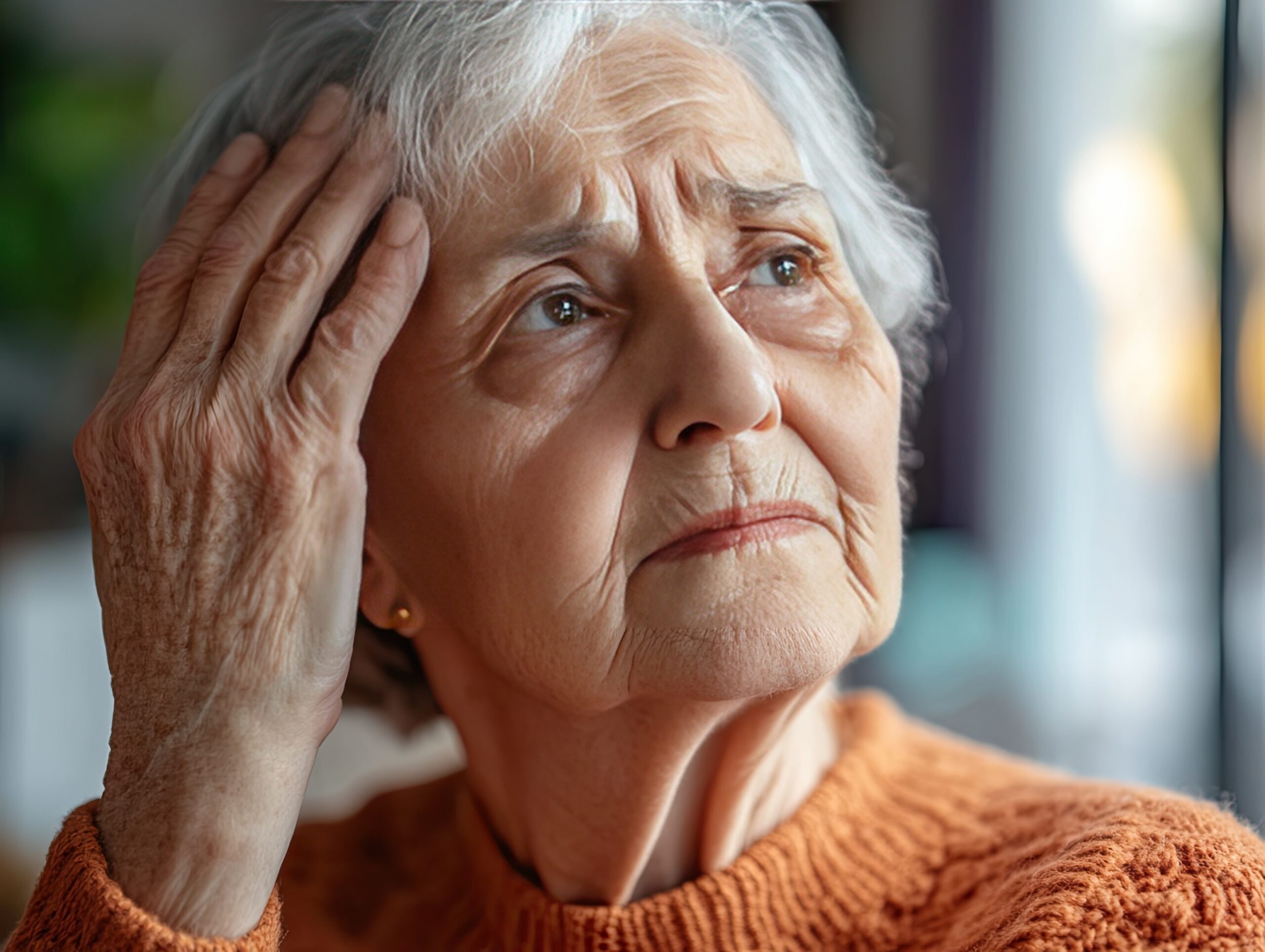 Elderly woman, head in hand, worried, indoor, blurred background, health concern A senior woman in an orange sweater holding her head in confusion or distress, possibly showing early signs of memory loss.