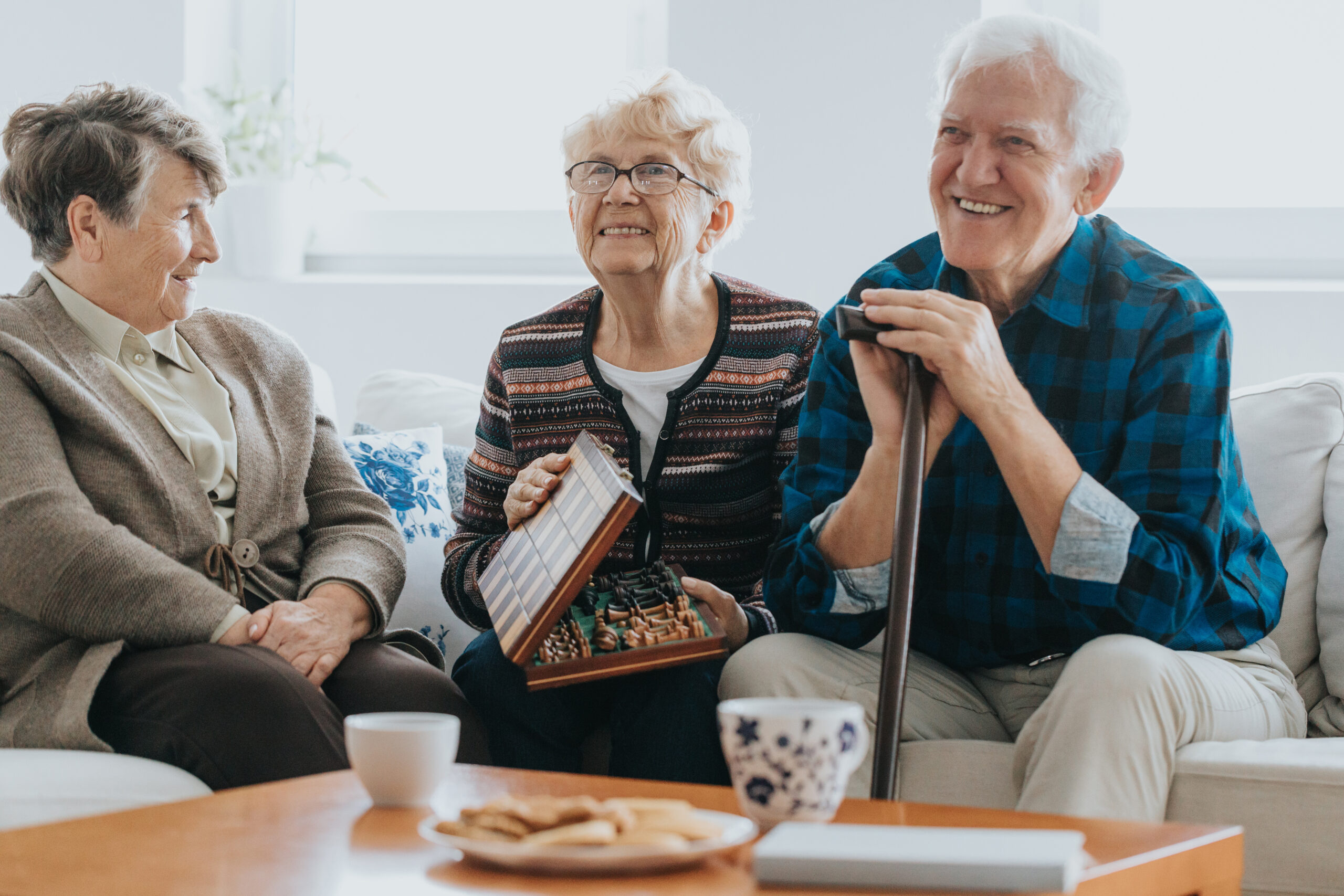 Senior friends sit on the sofa in the living room and play chess in a nursing home Senior friends sit on the sofa in the living room and play chess in a nursing home